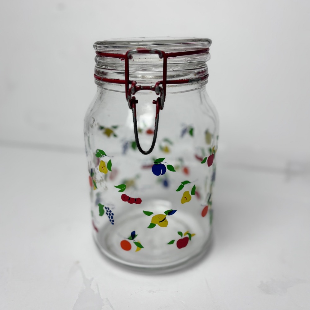 Vintage Style Fruit Pattern Glass Jar Red Flip Top Sourdough Jar Cottage Core